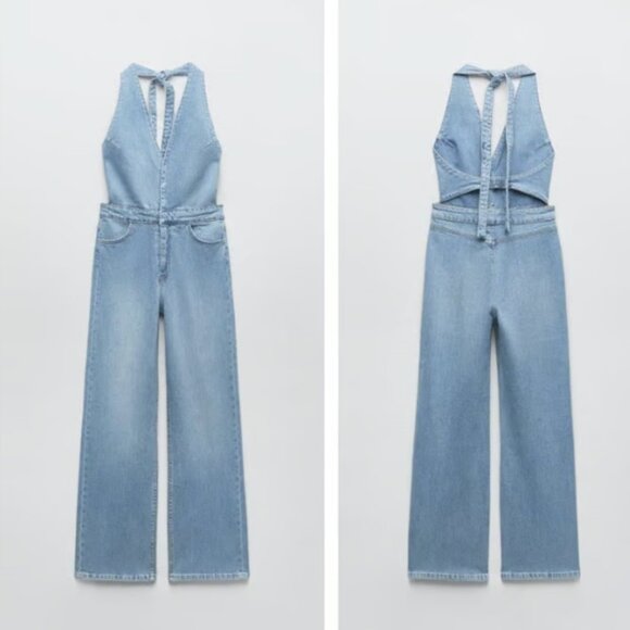 ZARA DENIM TRF HALTER-NECK JUMPSUIT BLUE SIZE S | 7227/080 - Picture 7 of 16